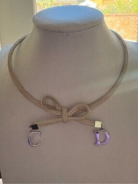Dior Beige Leather Bow Choker with Silver 'C' and 'D' Charms